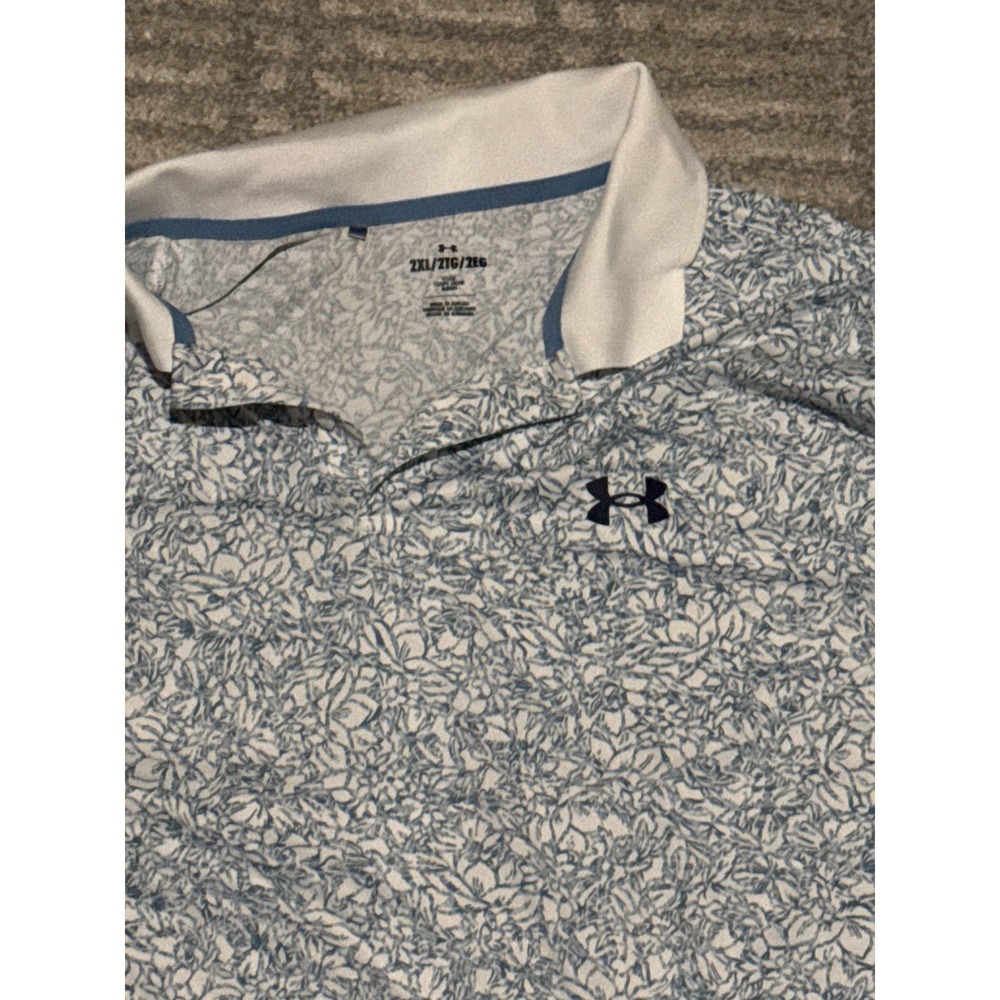 Under Armour Mens 2XL Floral Print Golf Polo Shirt Blue White HeatGear 1377377 - Picture 2 of 5